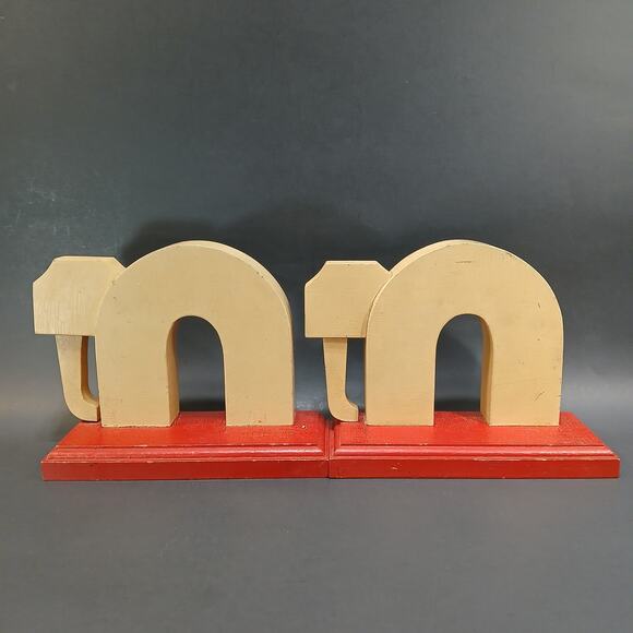 2 Hand Made Wooden Book Ends, Pair of Vtg Elephant Shaped Wood Shelf Sitters - Picture 1 of 7